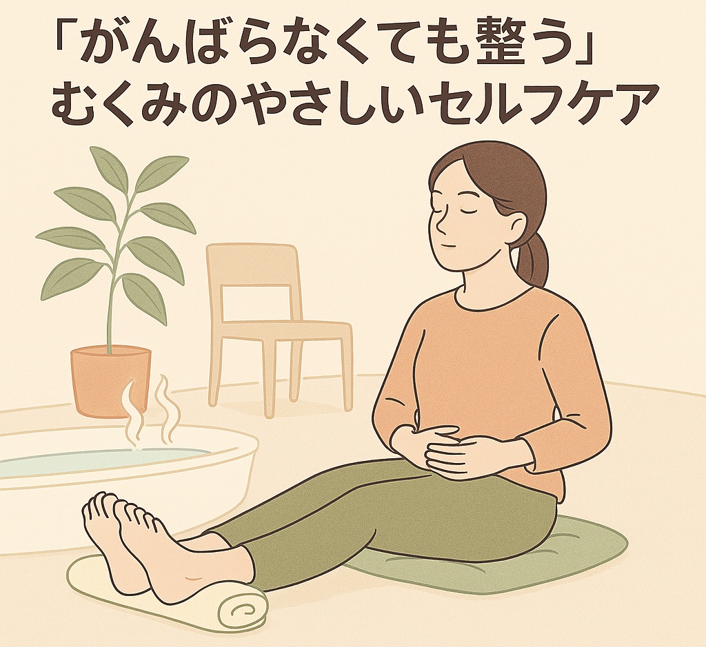脚のむくみを整えるセルフケアのイラスト。女性が足を高くしてリラックスしている様子