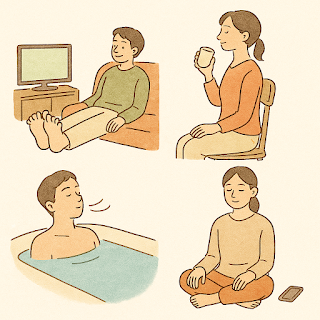 自宅でリラックスしながらケアをしている男女のイラスト。テレビを見ながら足を上げる、背筋を伸ばす、お風呂で深呼吸、座ってリラックスする様子。