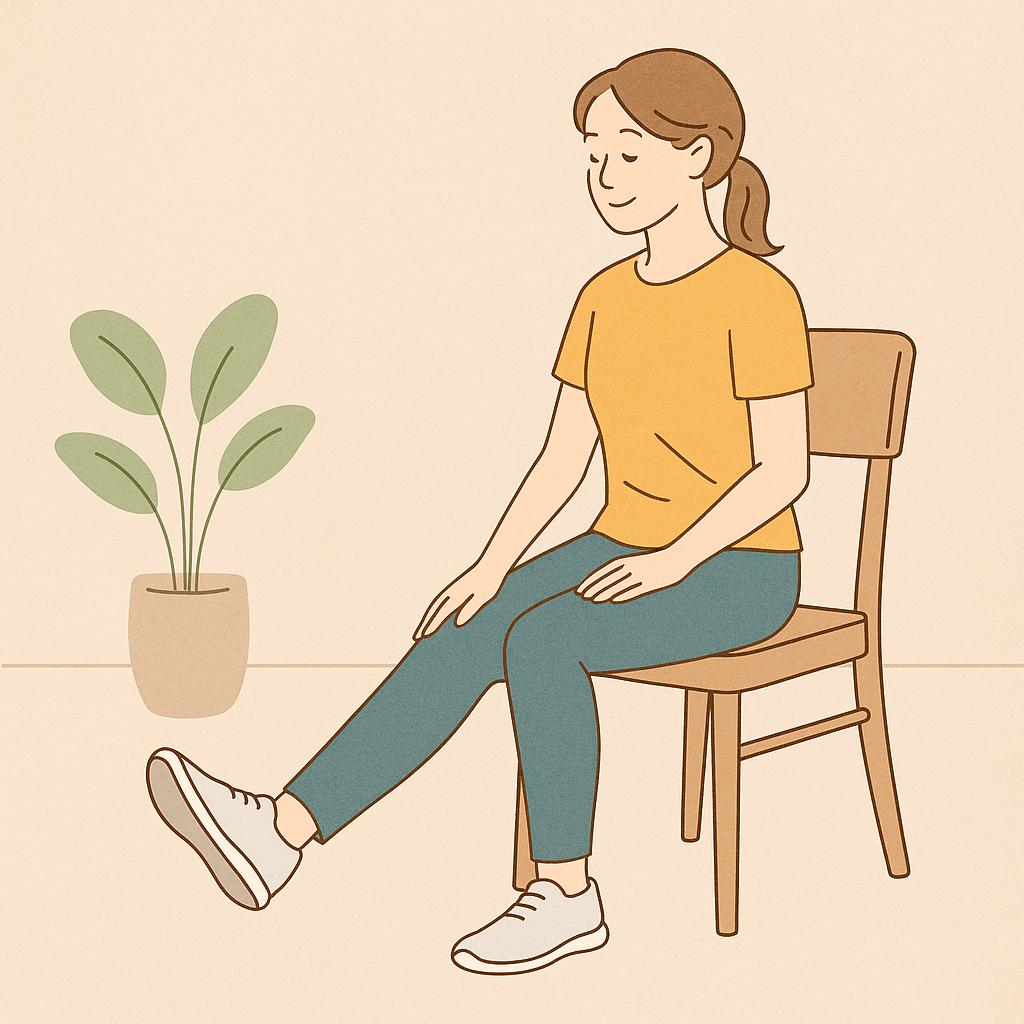 イスに座って脚を伸ばす運動をしている女性のイラスト。リハビリのやさしいイメージを表現。