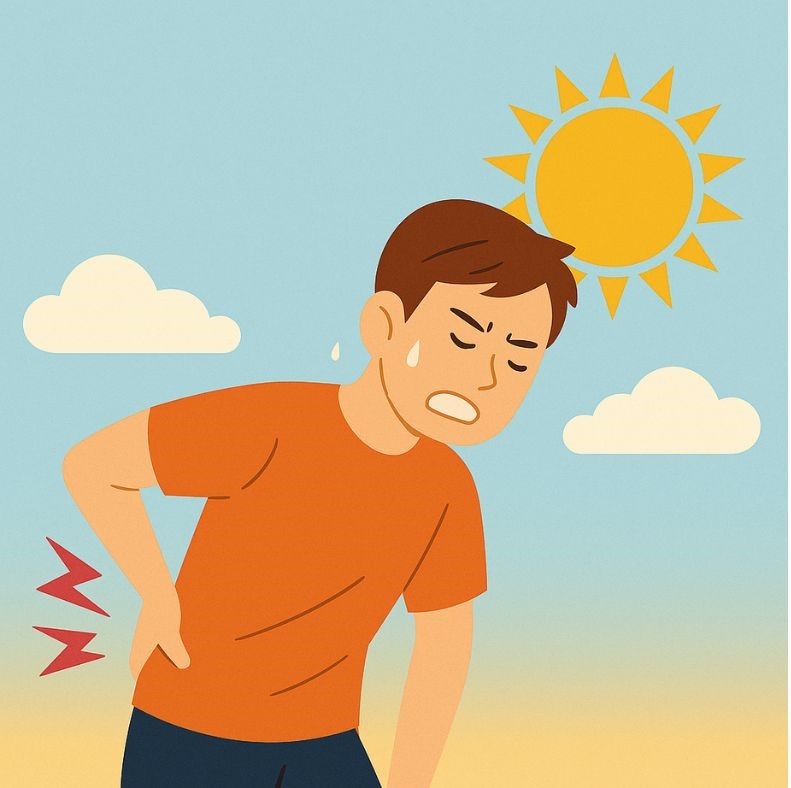 夏の暑さの中で腰を押さえて痛みを感じている男性のイラスト