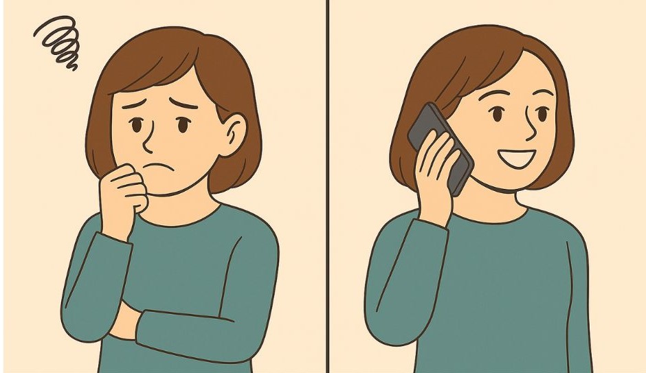 連絡に迷っていた女性が電話をして安心した笑顔になるイラスト