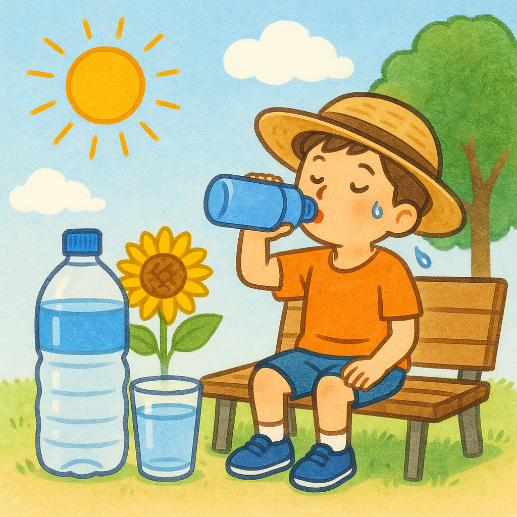 夏の公園で麦わら帽子の子どもがベンチに座り、水筒の水を飲んでいるイラスト。横にはペットボトルとコップ、ひまわりが描かれ、熱中症対策の大切さを表している。