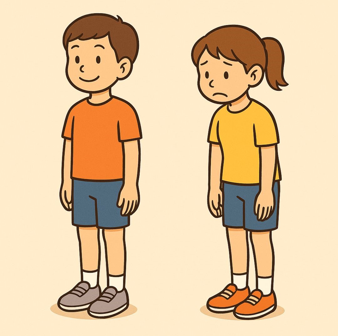 姿勢よく立つ子どもと猫背ぎみの子どもの比較イラスト
