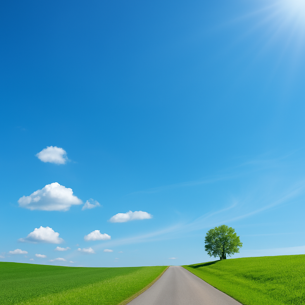 青空の下に続く一本道と緑の風景｜整体は将来への投資