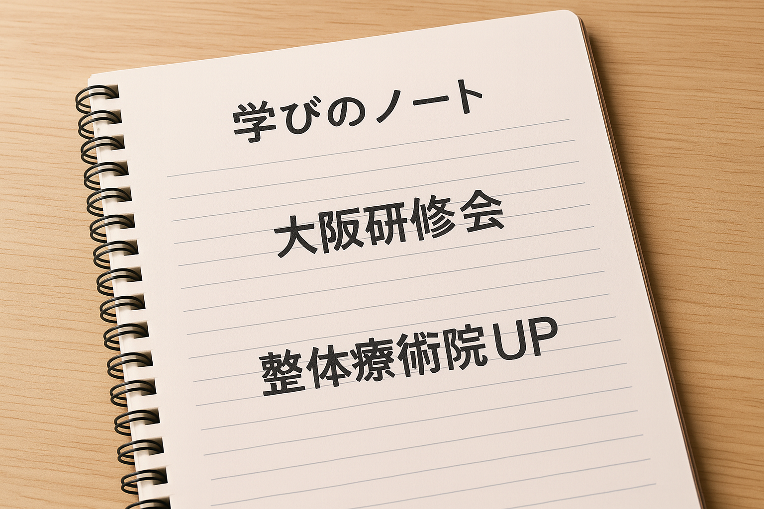 大阪研修会の学びをまとめたノートと「整体療術院UP」の文字