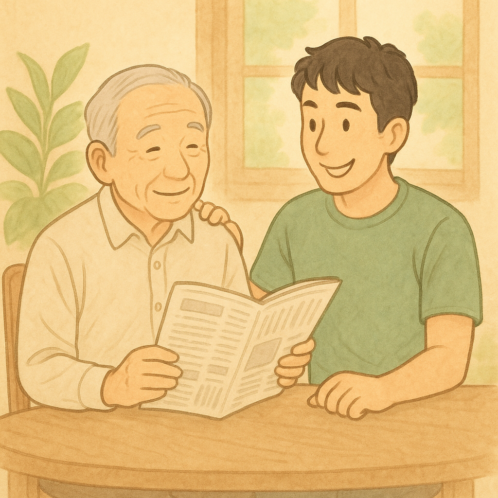 新聞を読む高齢の男性と、それを見守る若い男性のイラスト。安心感のある日常の風景。