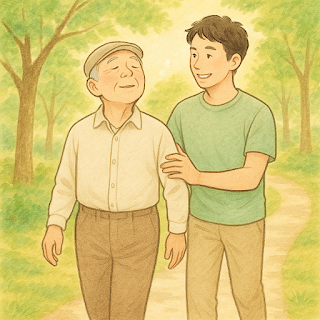 森の中を歩く高齢男性と、それを支える若い男性のイラスト。認知症予防や健康づくりのイメージ。