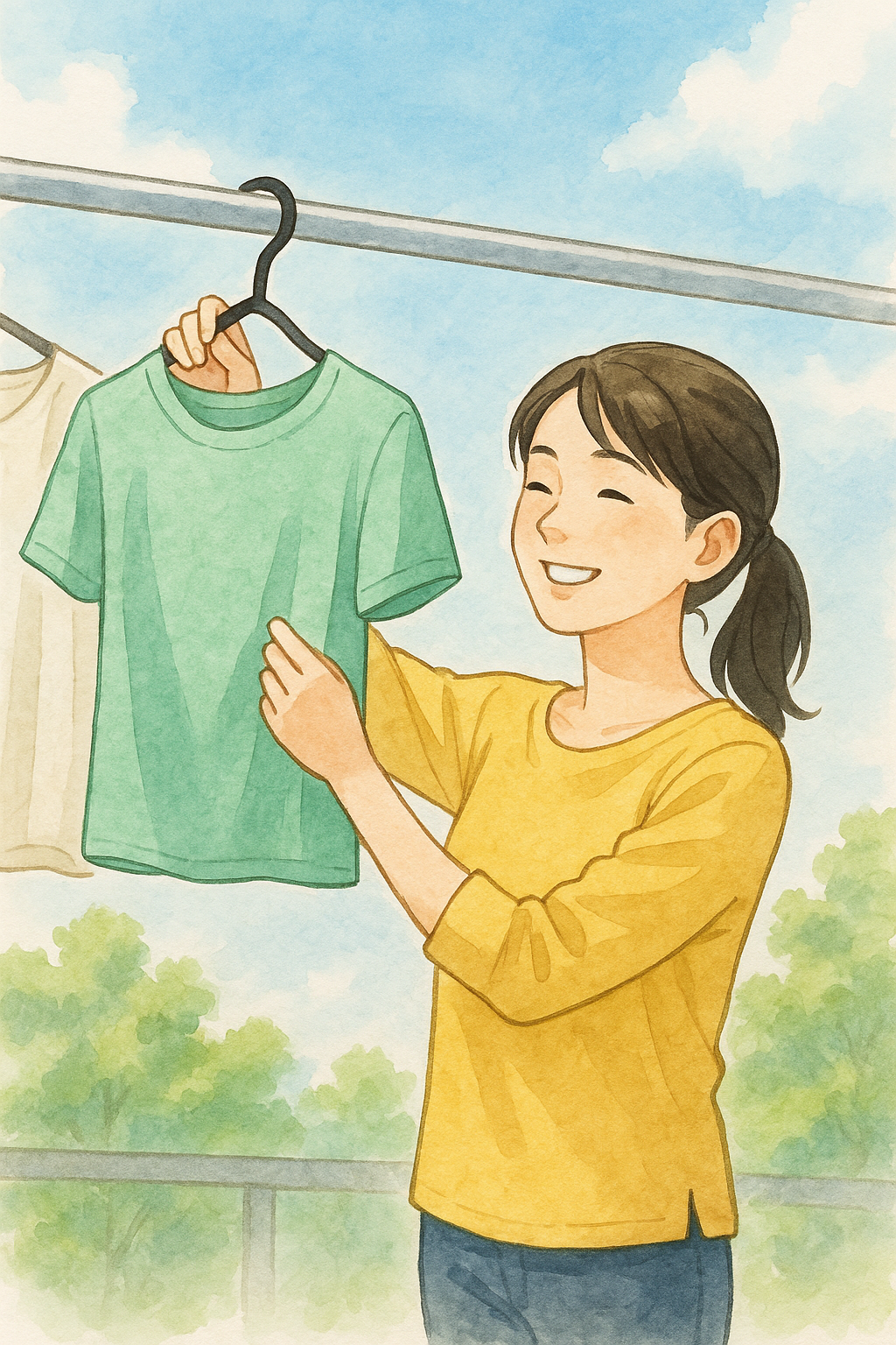 洗濯物を干す女性のイラスト。無理なく日常生活を過ごせる様子を表現。