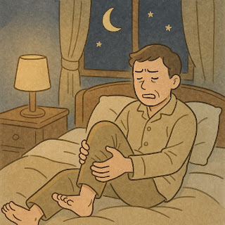 夜中に足が攣って痛みで目を覚ました男性のイラスト