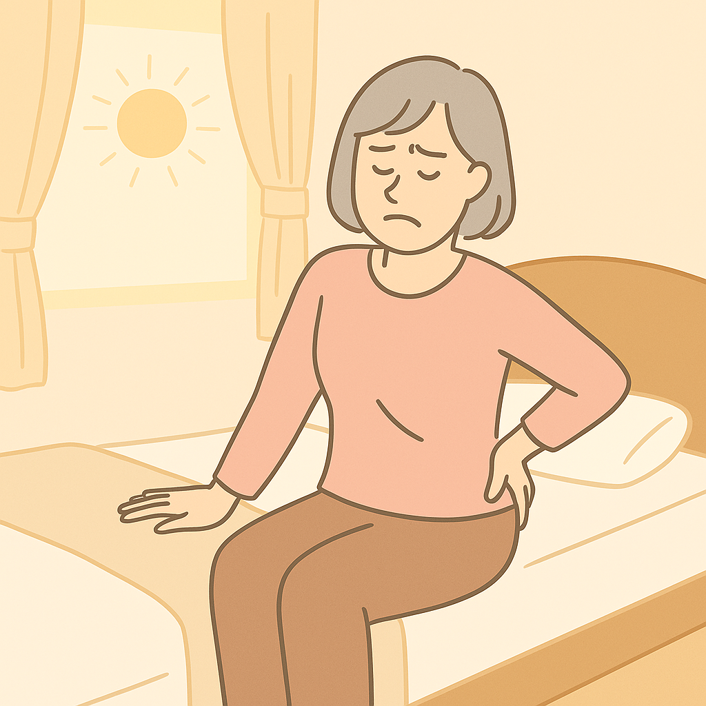 朝、腰に違和感を覚えながらベッドの縁に座る60代女性のイラスト