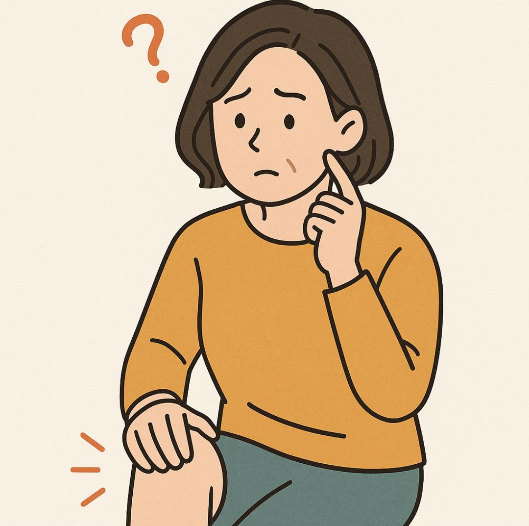 膝に手を当て、不思議そうに見つめる女性のイラスト。膝を触らずに違和感がなくなる整体の体験を表現。