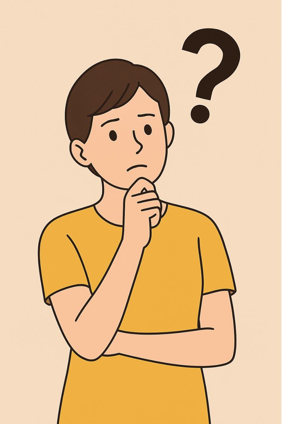 顎に手を当てて考え込む人物と大きなクエスチョンマークのイラスト