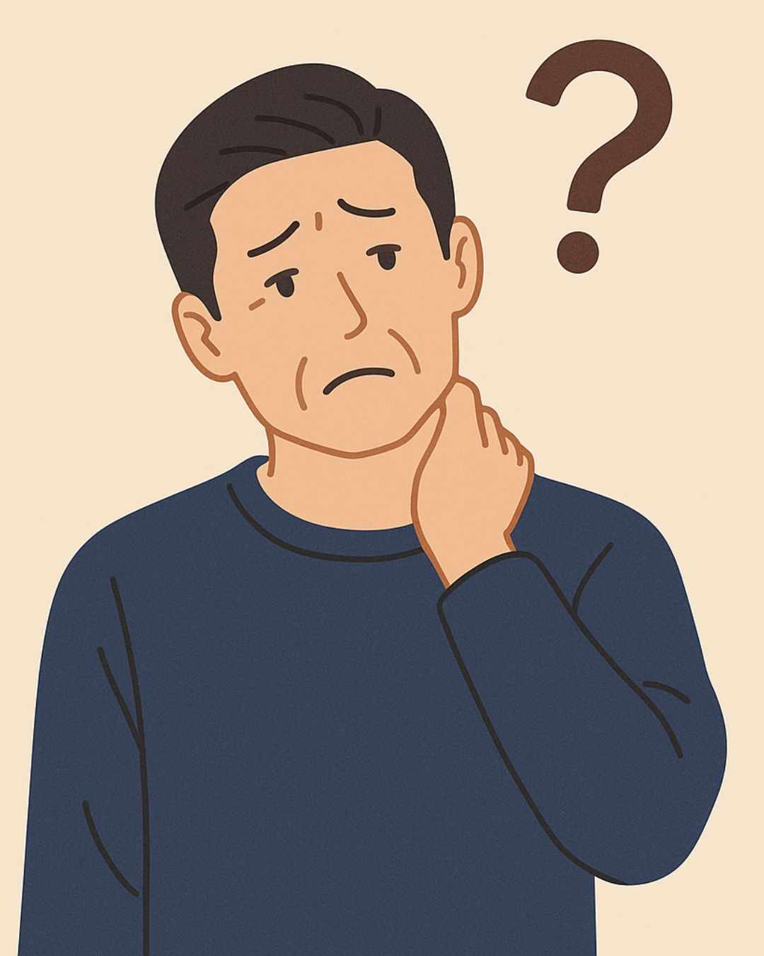 首や肩を押さえて考え込む男性の上に「？」マークが浮かぶイラスト。不調を改善するための思い込みや勘違いを表現。