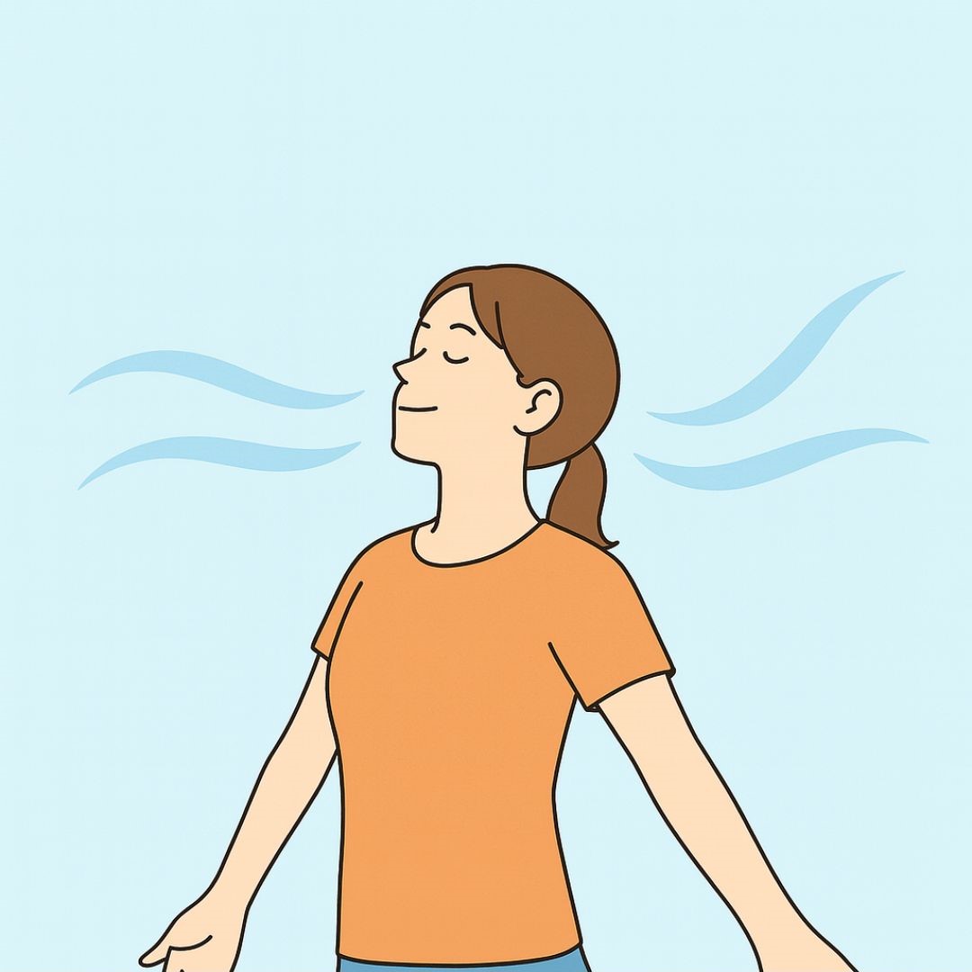 胸を開いて深呼吸する人物のイラスト。整体で体のバランスを整えると呼吸がラクになることを表現しています。