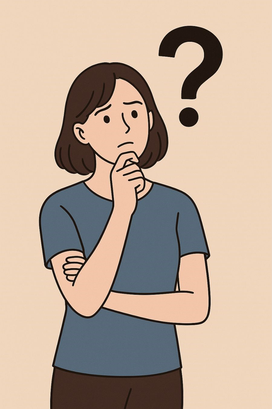 あごに手を当てて考え込む女性の上に「？」マークが浮かび、整体で治るのかを疑問に思っている様子。