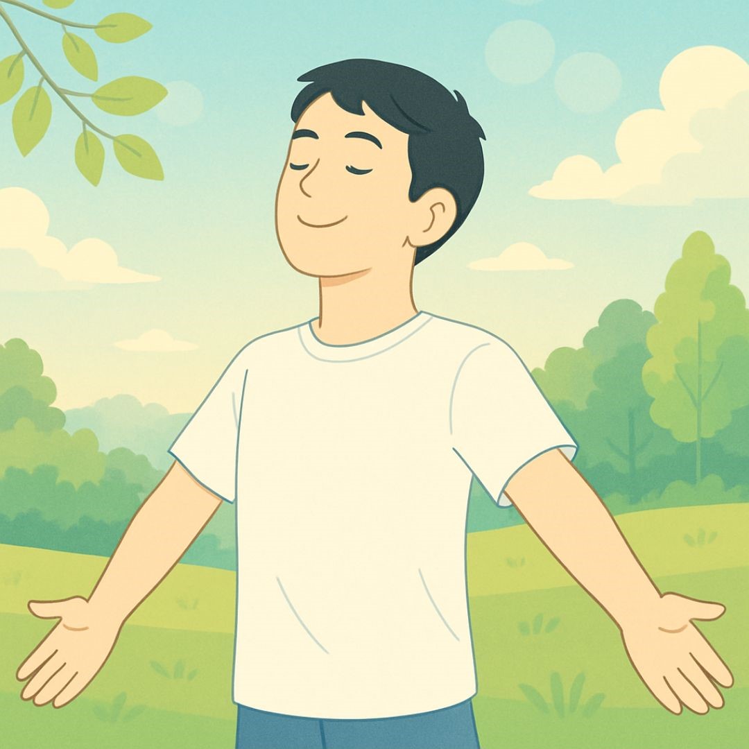 自然の中で深呼吸をしている東洋人男性のイラスト。整体療術院UPの記事「呼吸が楽になるって？体が整うって？」用アイキャッチ画像。