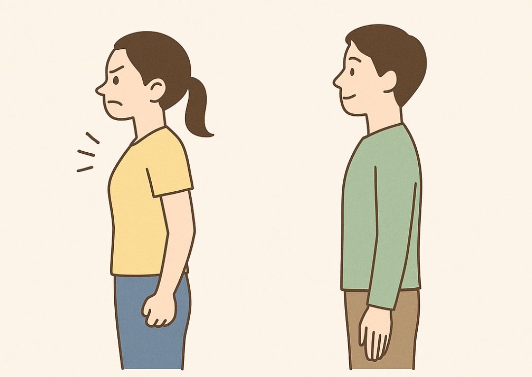 無理に背筋を伸ばす姿勢と、自然体で立つ姿勢の比較イラスト