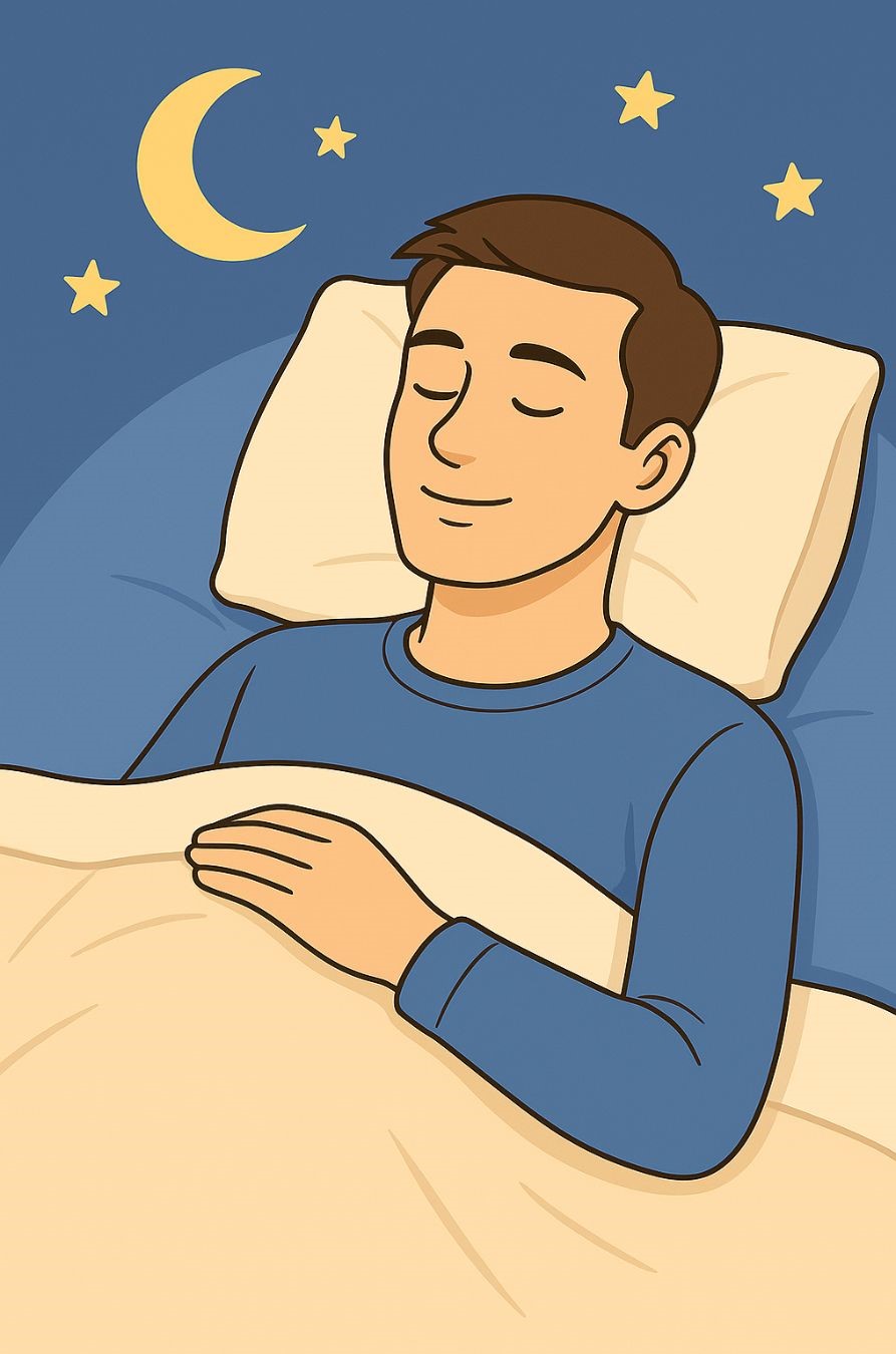 月と星の下で安心して眠る男性のイラスト｜整体療術院UP