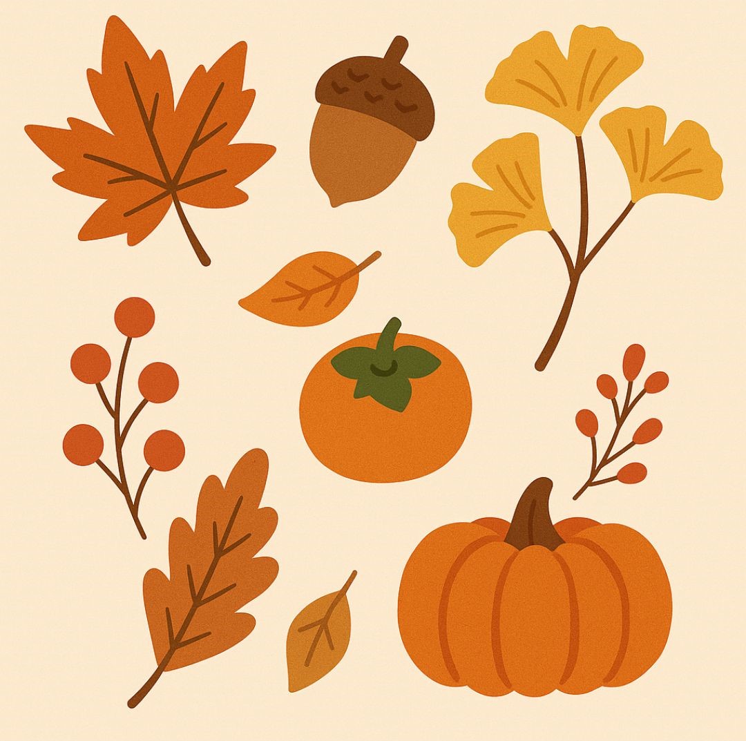 10月をイメージした秋の自然イラスト。紅葉したもみじやイチョウの葉、どんぐり、柿、かぼちゃ、木の実などが描かれている。