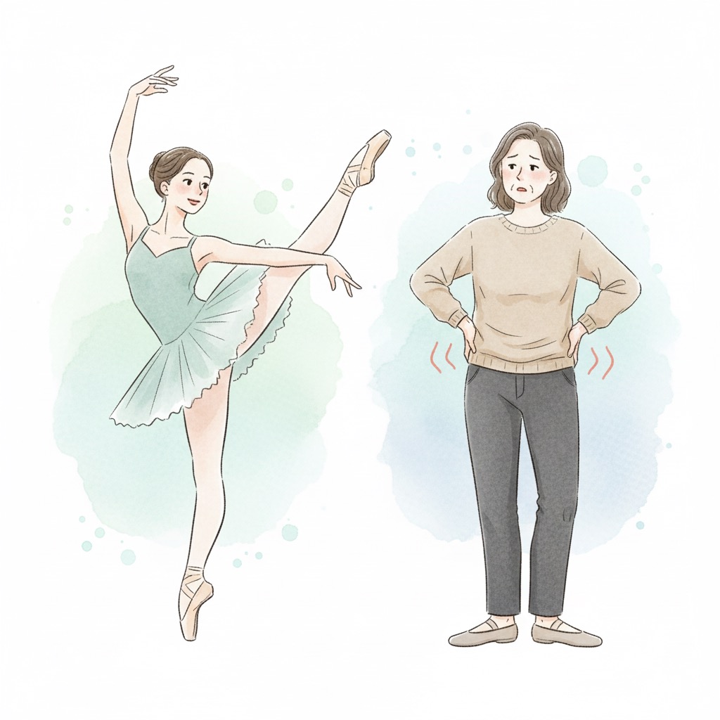 バレエ経験者の女性が若い頃の柔軟な姿勢と、今の股関節の違和感を感じる姿を対比したイラスト