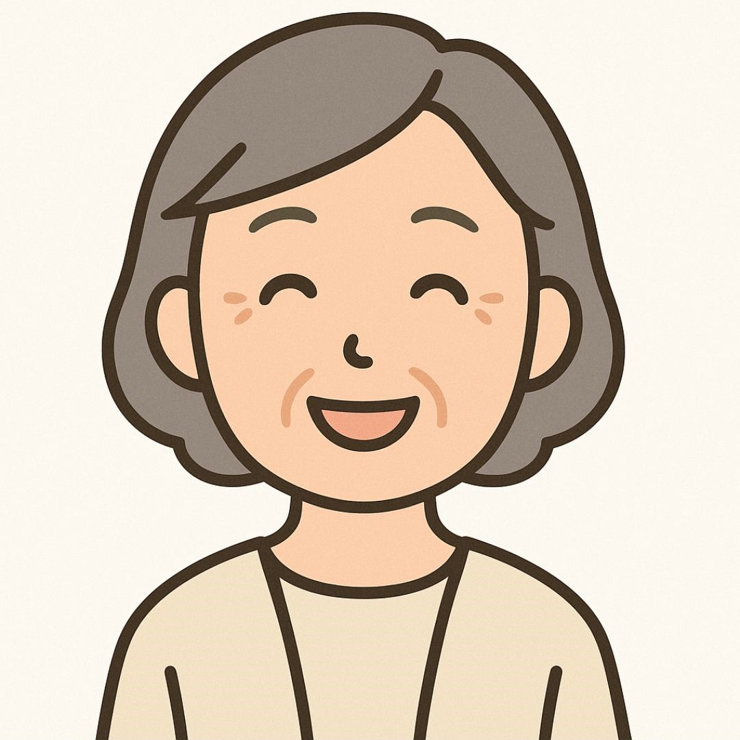笑顔の年配女性のイラスト。やさしい雰囲気で安心感を与える人物イラスト