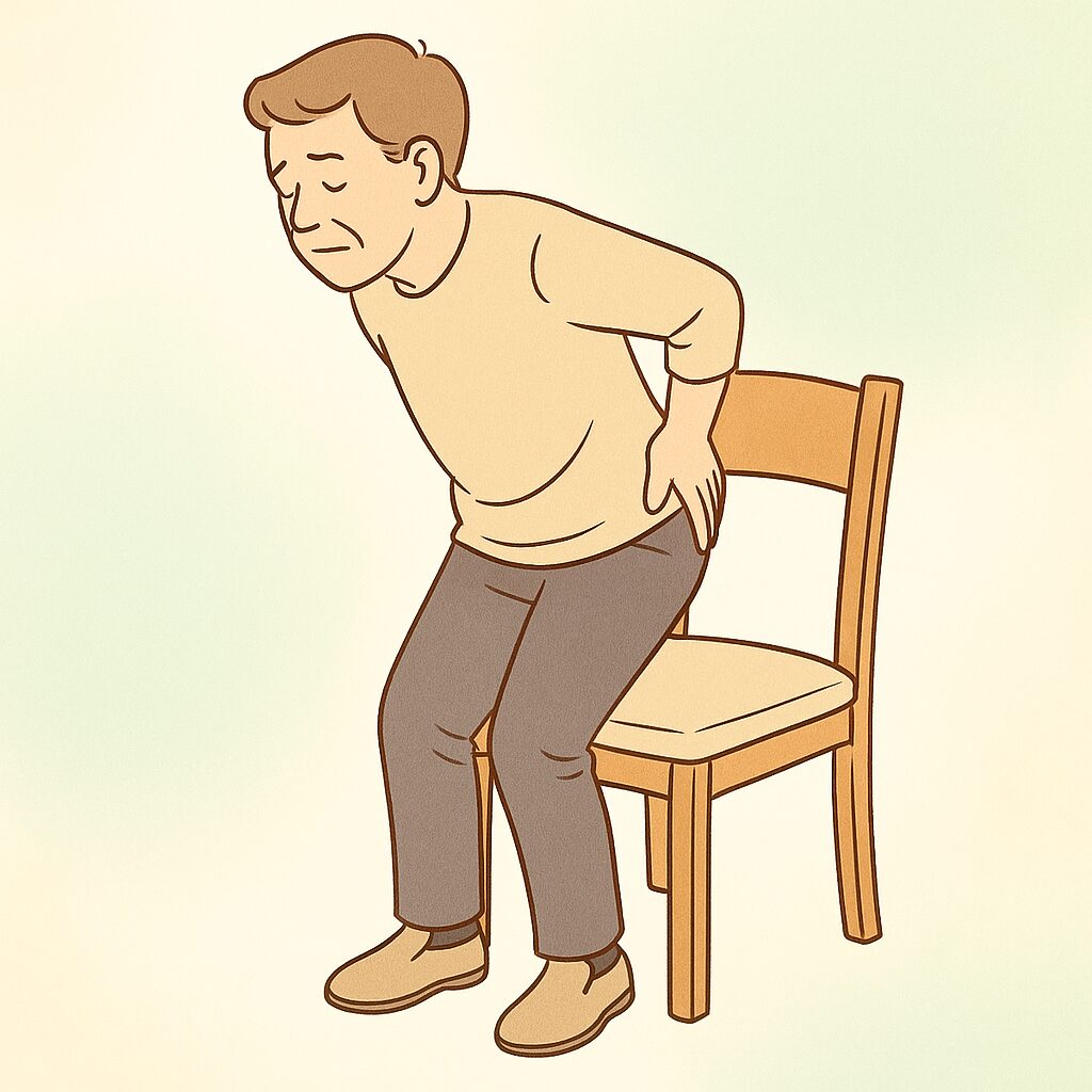 椅子から立ち上がろうとする男性が、腰に手を当てて少し疲れた様子をしているイラスト