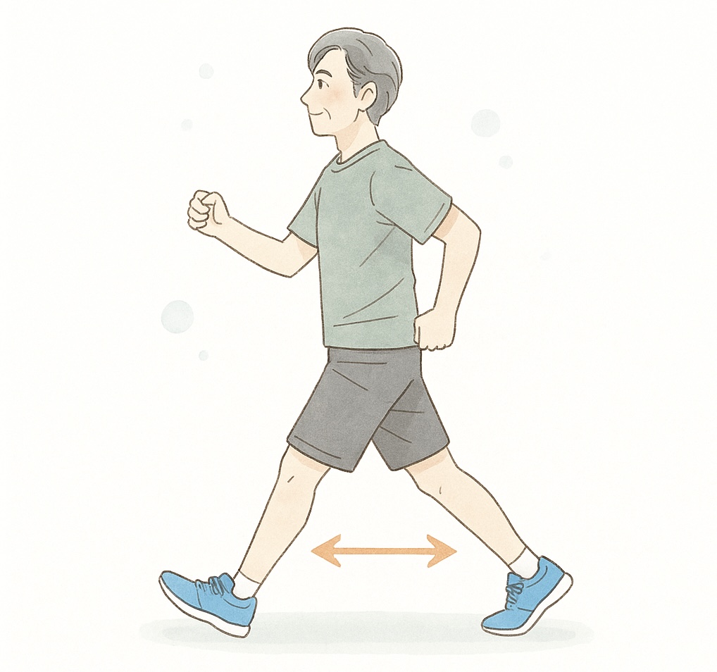 穏やかな表情の中年男性が、意識的に歩幅を広げて歩いている様子。健康的で自然なウォーキングを表現したイラスト。