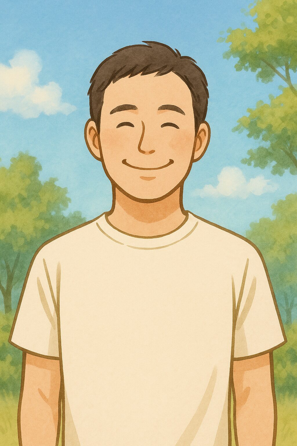 やさしく笑顔で立つ人物のイラスト。自然体の安心感を表すアイキャッチ画像。