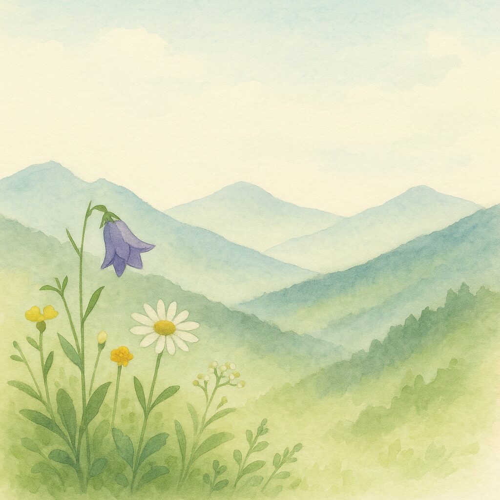 山の草花が静かに咲く穏やかな自然の風景。自然のリズムに寄り添いながら整うことをイメージしたイラスト。