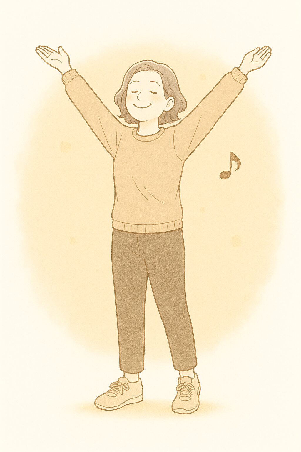 両手を大きく広げて、ゆったりと全身を伸ばしている中年女性のイラスト。無理のない体操で体をほぐす様子を表しています。
