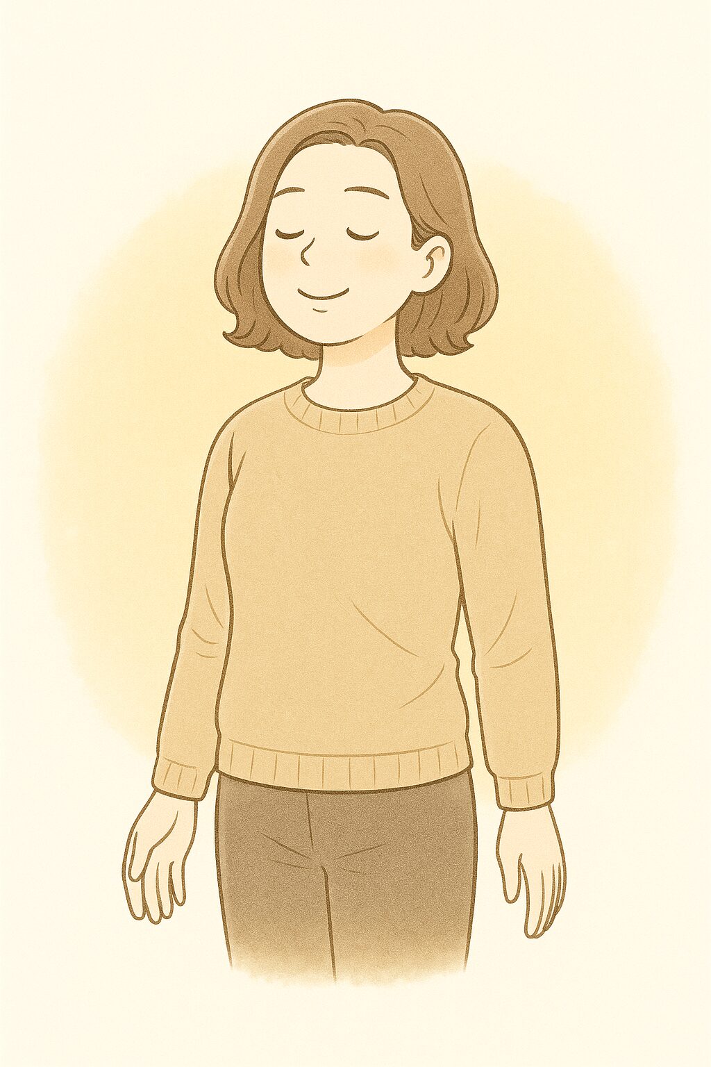 目を閉じてゆっくりと呼吸する女性のイラスト。自然な呼吸の深まりをイメージした、やわらかい雰囲気のタッチ。