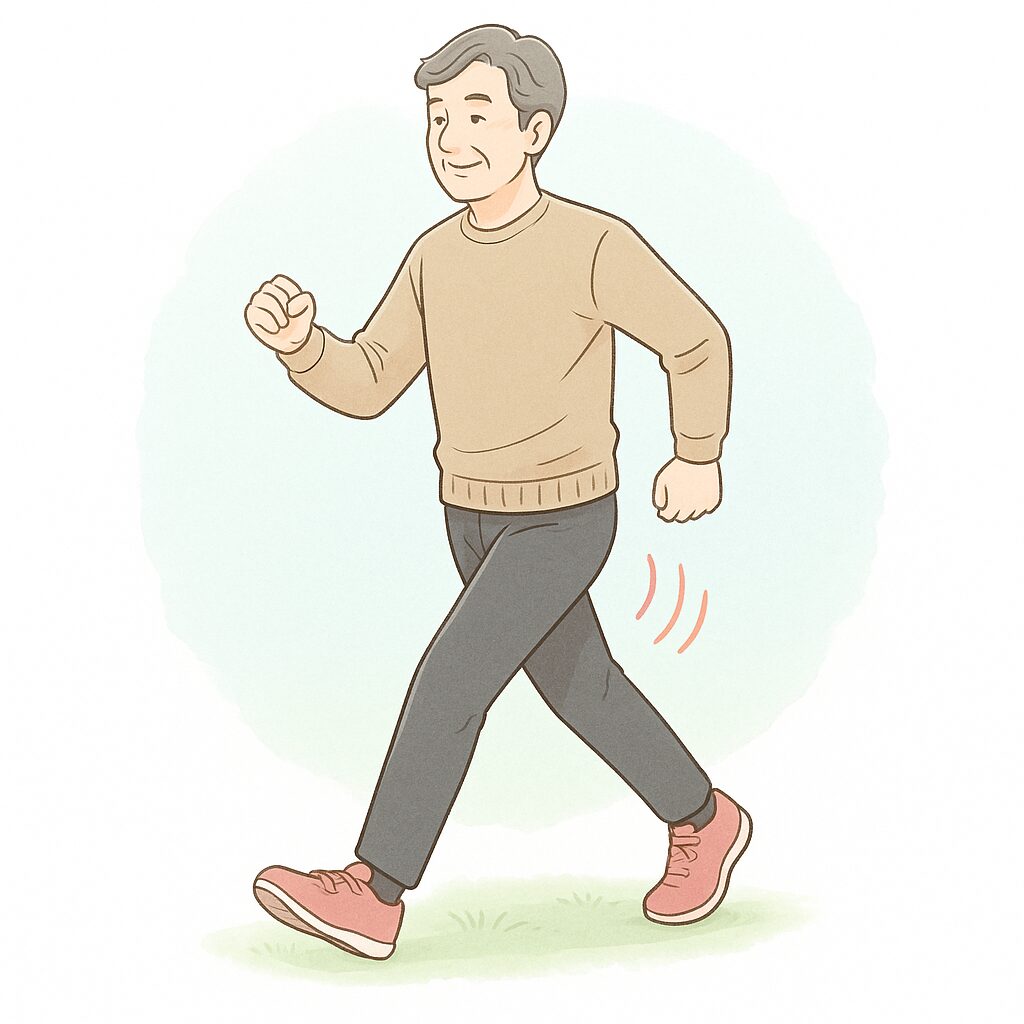 公園の木漏れ日の中を、中高年の男女が穏やかに歩いている様子。健康的で自然体な雰囲気を表現したイラスト。