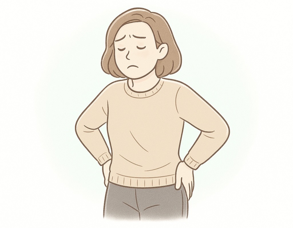 腰に手を当てて体の不調を感じている女性のイラスト。小さな違和感を見逃さないことの大切さを表現。