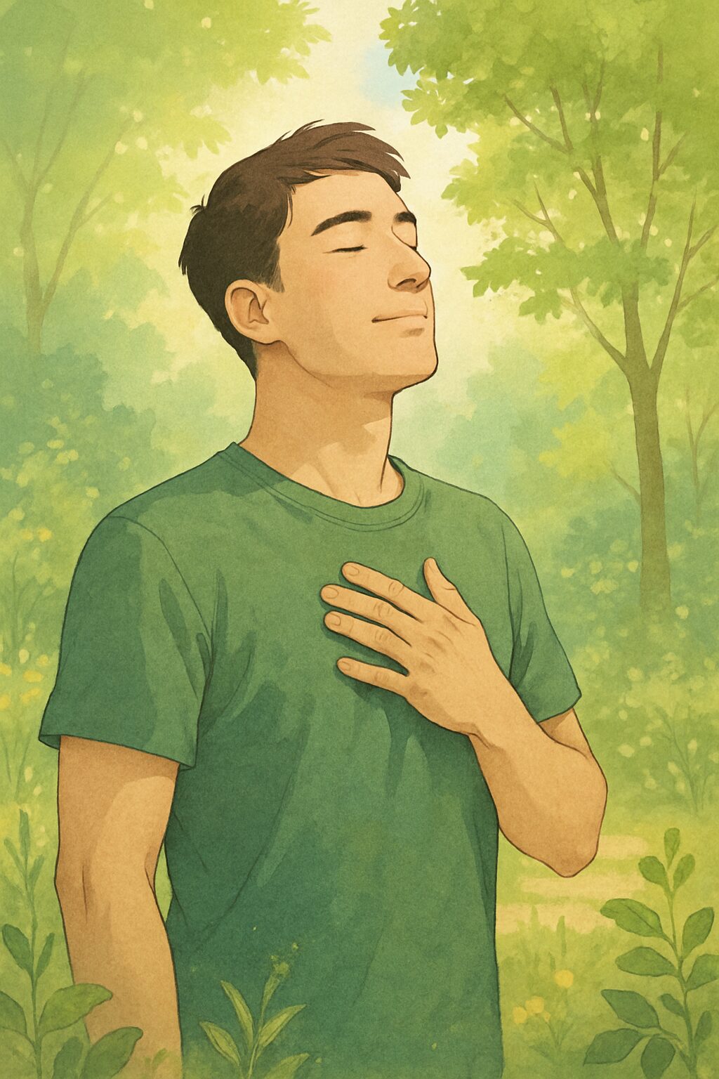 深い呼吸で胸が自然に広がり、体が整う方向へ動き始めている様子を表した男性のイラスト