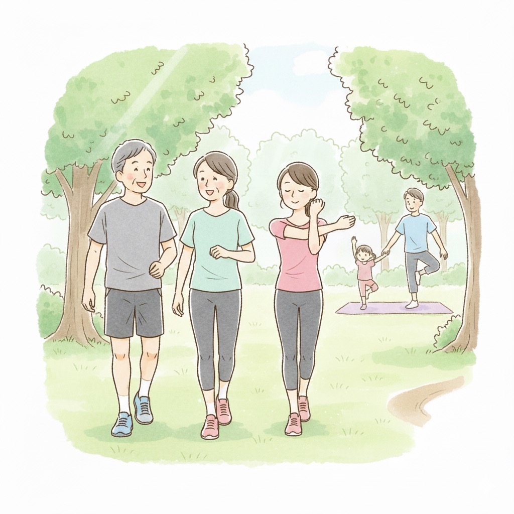 公園でウォーキングやストレッチをする老若男女。強すぎない適度な運動と健康法を表現。