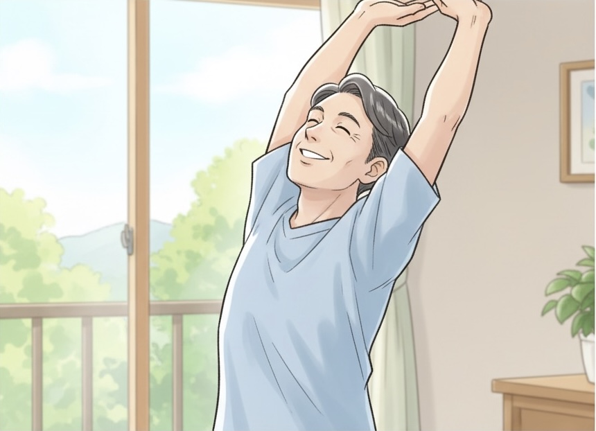 窓際で両腕を上に伸ばして気持ちよく背伸びをする40代くらいの男性のイラスト。体が軽くなり笑顔で深呼吸している様子。
