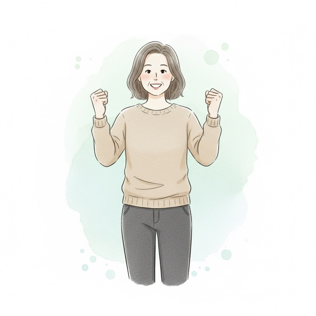 50代の女性が窓の前でガッツポーズ、整体で体が整い「新しい自分」に変わる意欲を示す