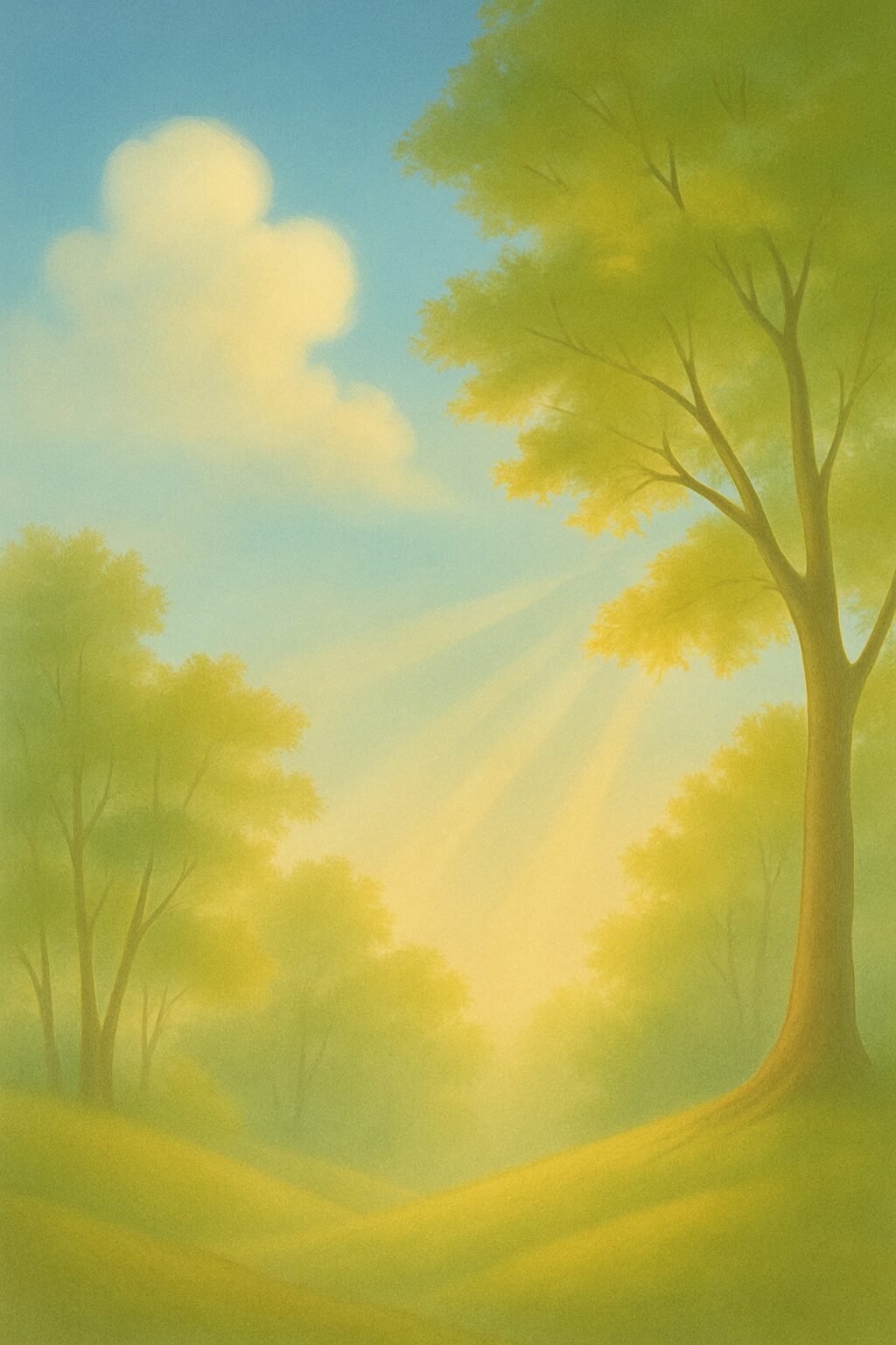 やわらかな光が差し込む森の風景。自然のままの姿を描いた落ち着いたイラスト。