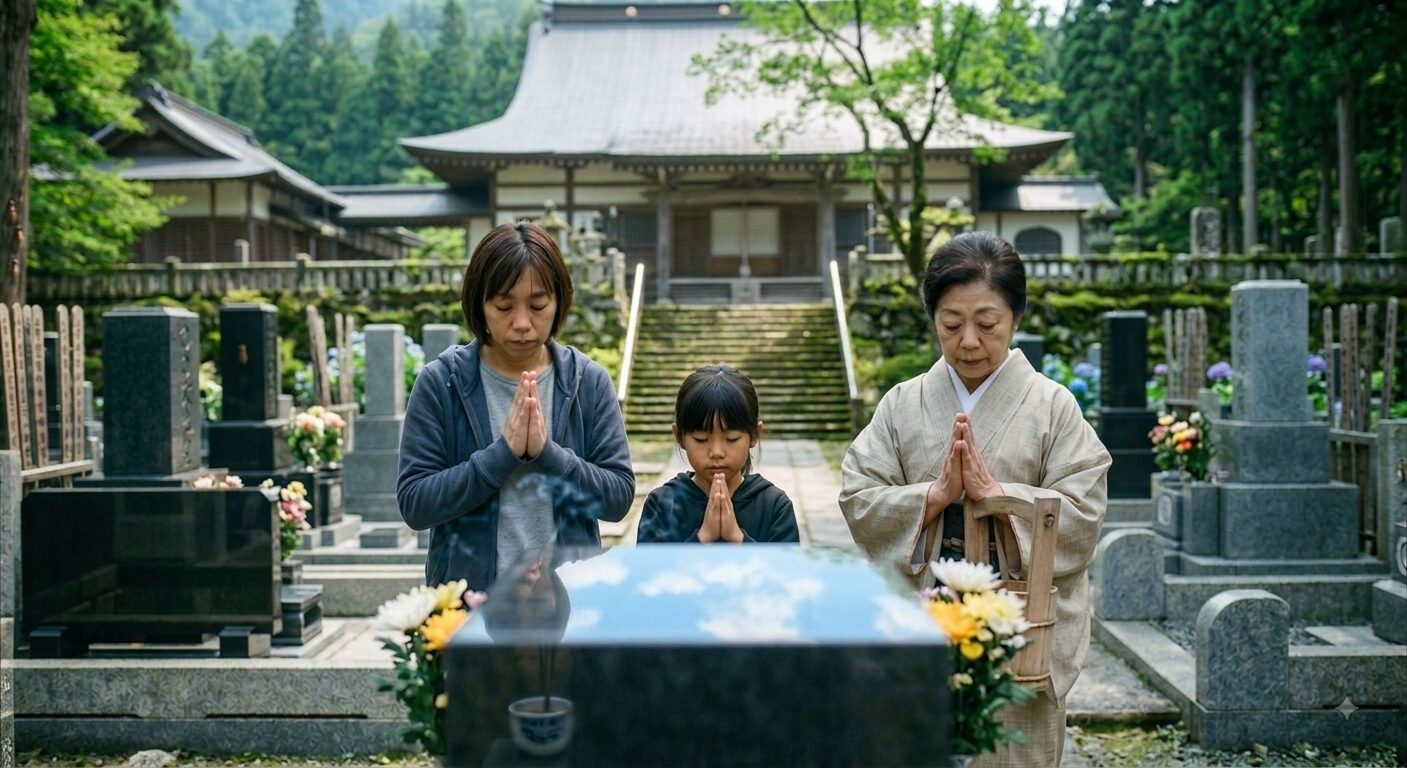 お盆に寺院でお墓参りをする家族